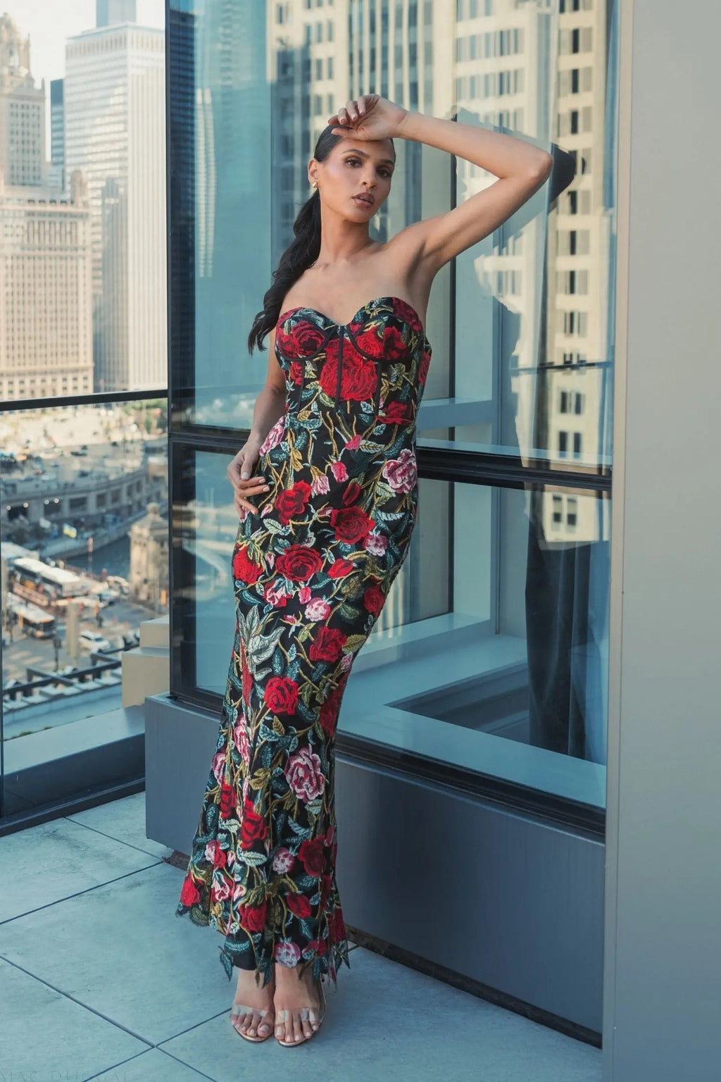 Women's Black Dress Floral - Black Strapless