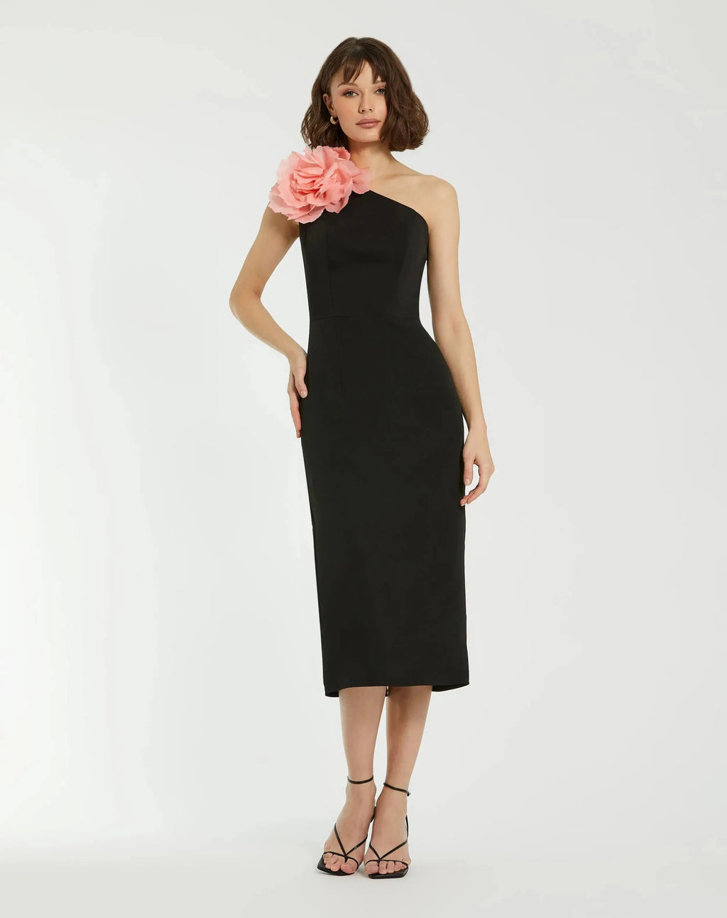 Women's Black Midi Dress One Shoulder - Black Lace One-Shoulder