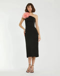 Women's Black Midi Dress One Shoulder - Black Lace One-Shoulder