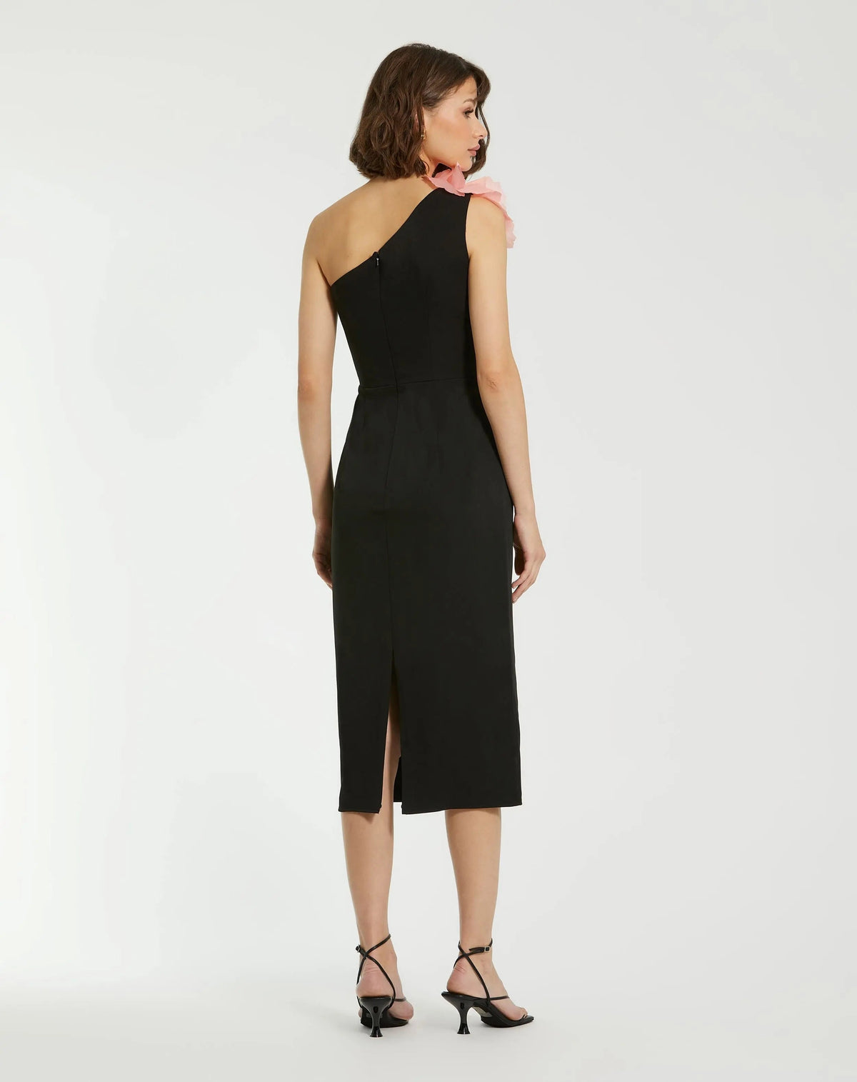 Women's Black Midi Dress One Shoulder - Black Lace One-Shoulder
