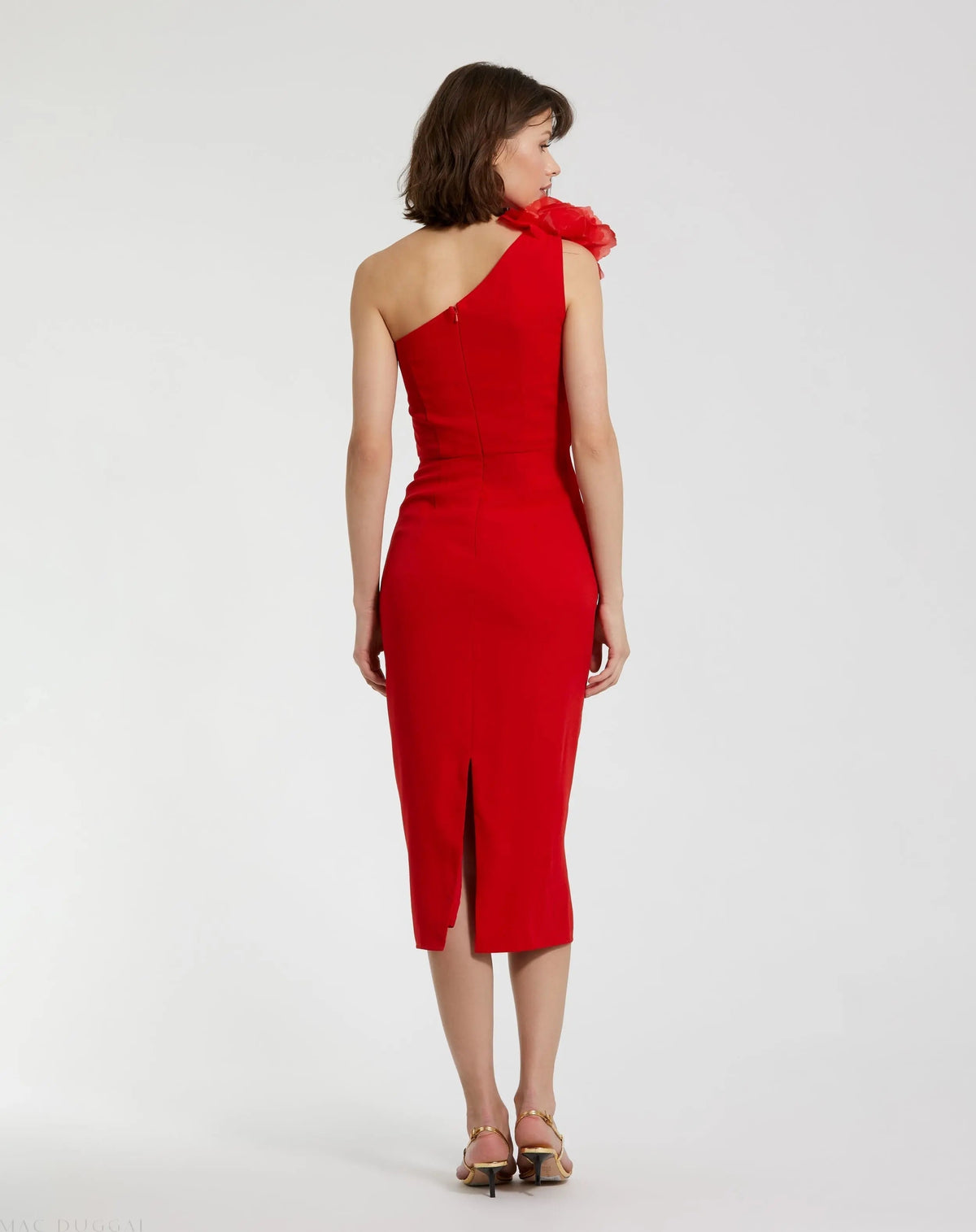 Women's Red Midi Dress One Shoulder - Red Lace One-Shoulder