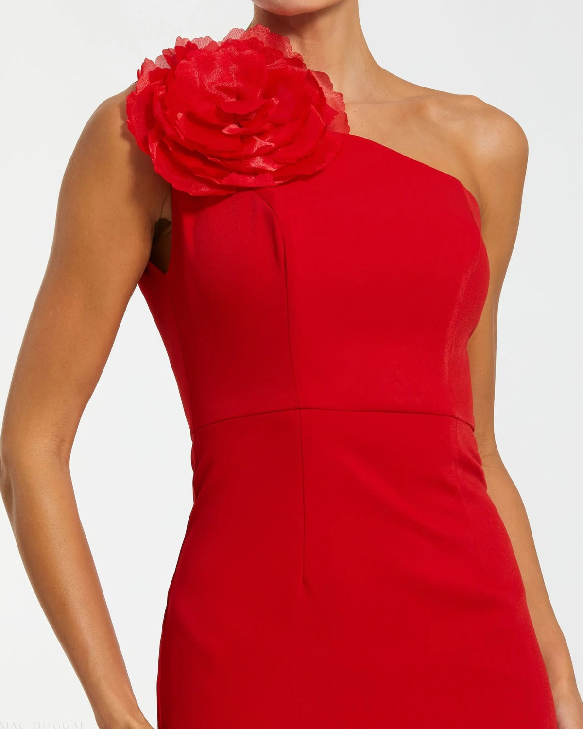 Women's Red Midi Dress One Shoulder - Red Lace One-Shoulder