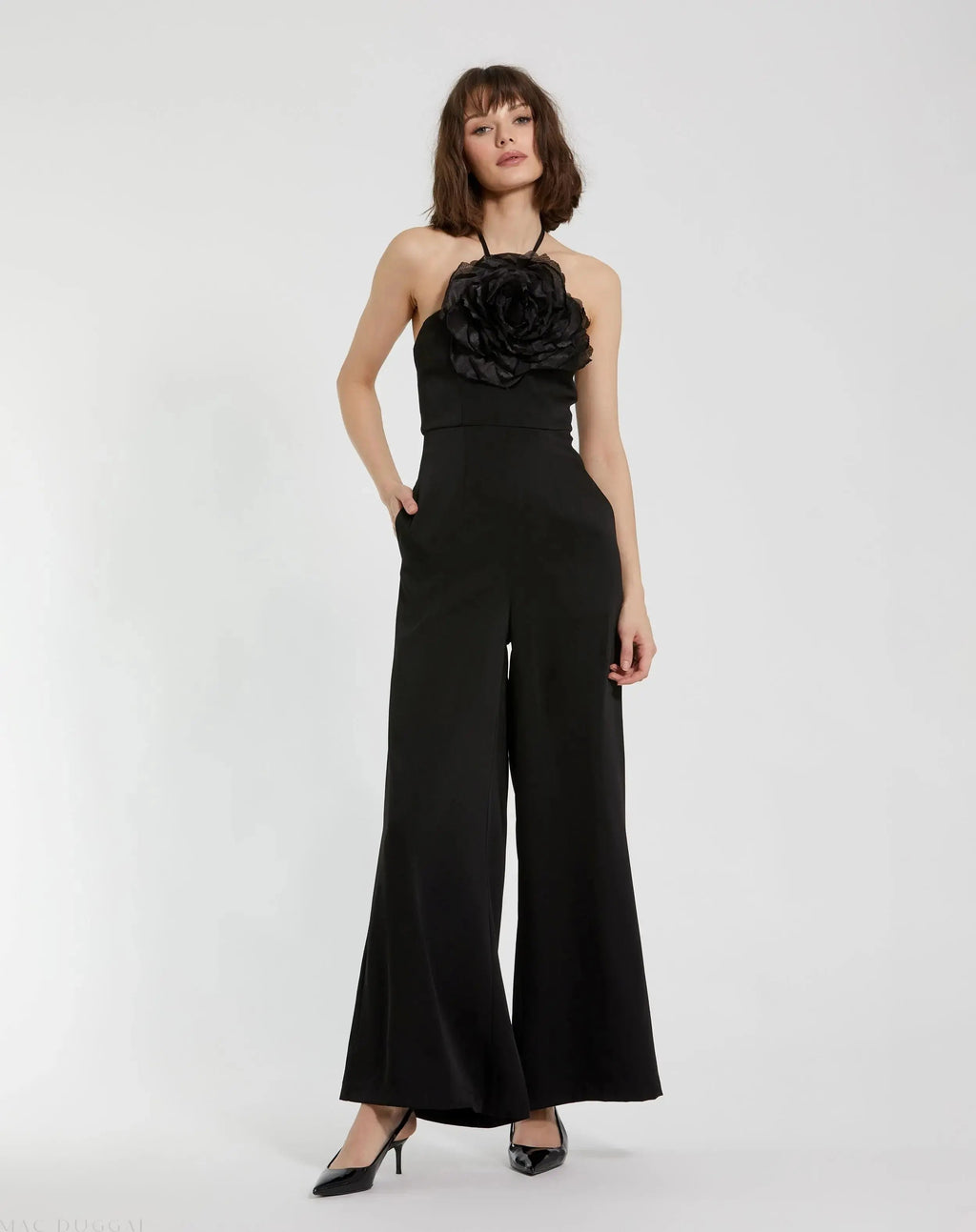 Women's Black Crepe Halter Neck Jumpsuit With Flower