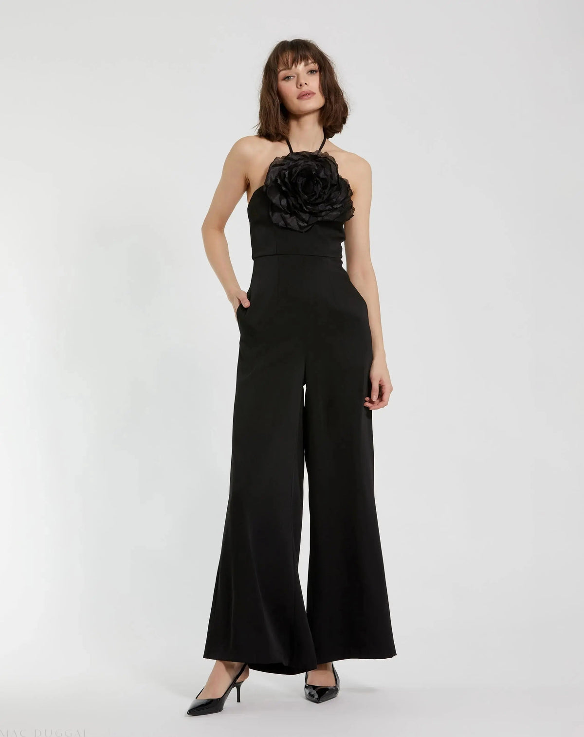 Women's Black Crepe Halter Neck Jumpsuit With Flower
