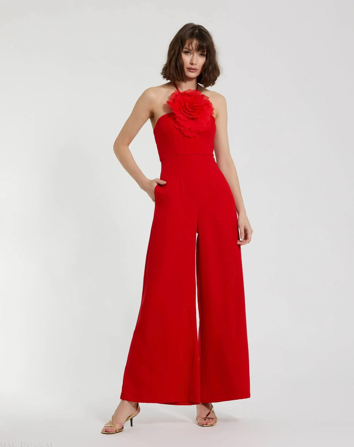 Women's Halter Neck Crepe Jumpsuit With Flower