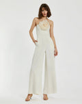 Women's Ivory Halter Neck Crepe Jumpsuit With 3D Flower