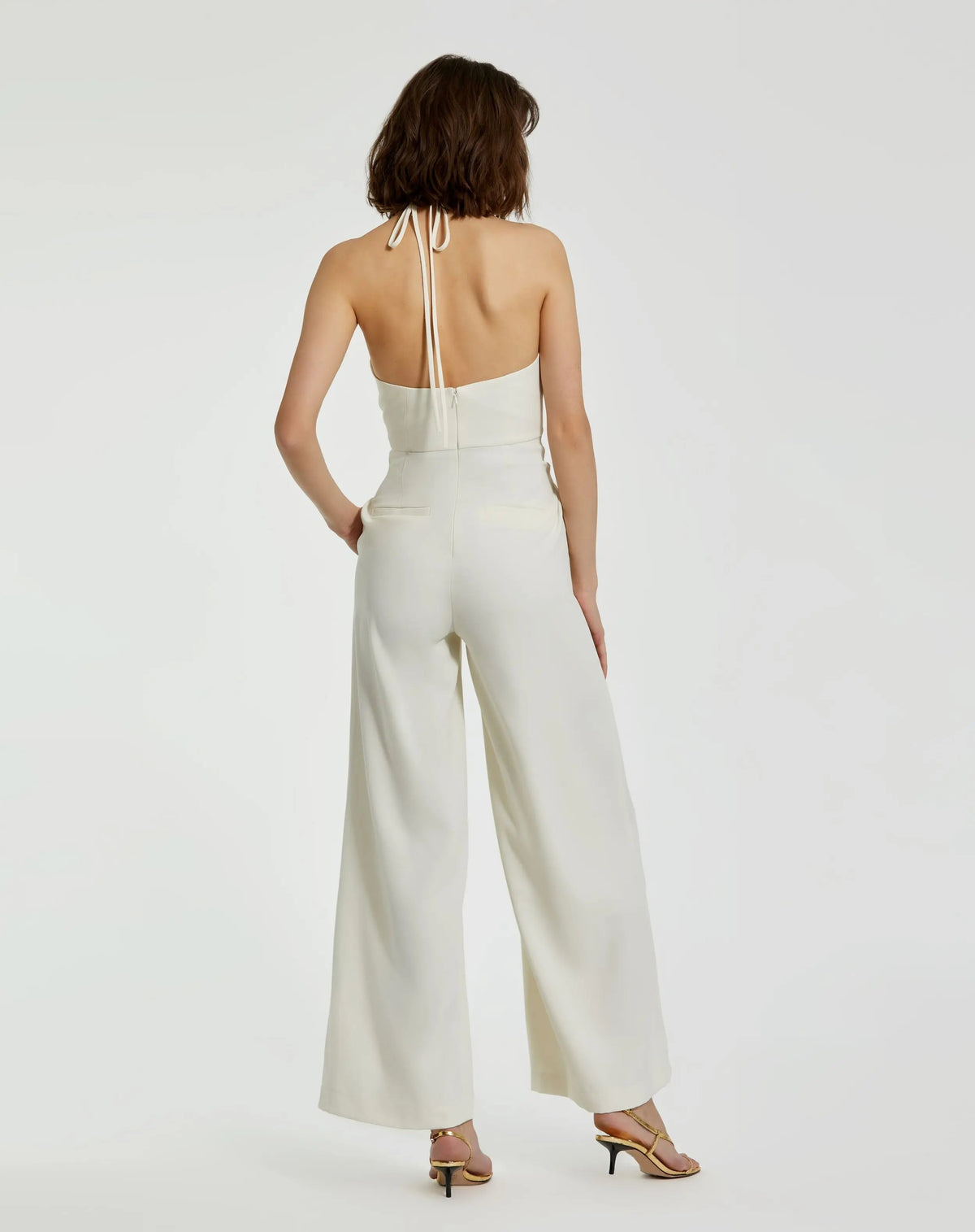 Women's Ivory Halter Neck Crepe Jumpsuit With 3D Flower
