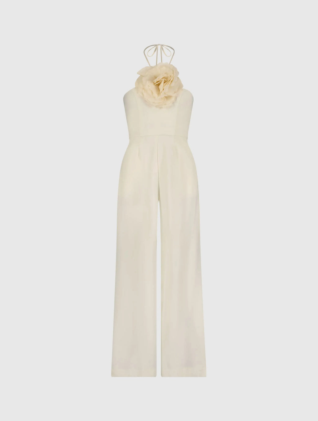 Women's Ivory Halter Neck Crepe Jumpsuit With 3D Flower