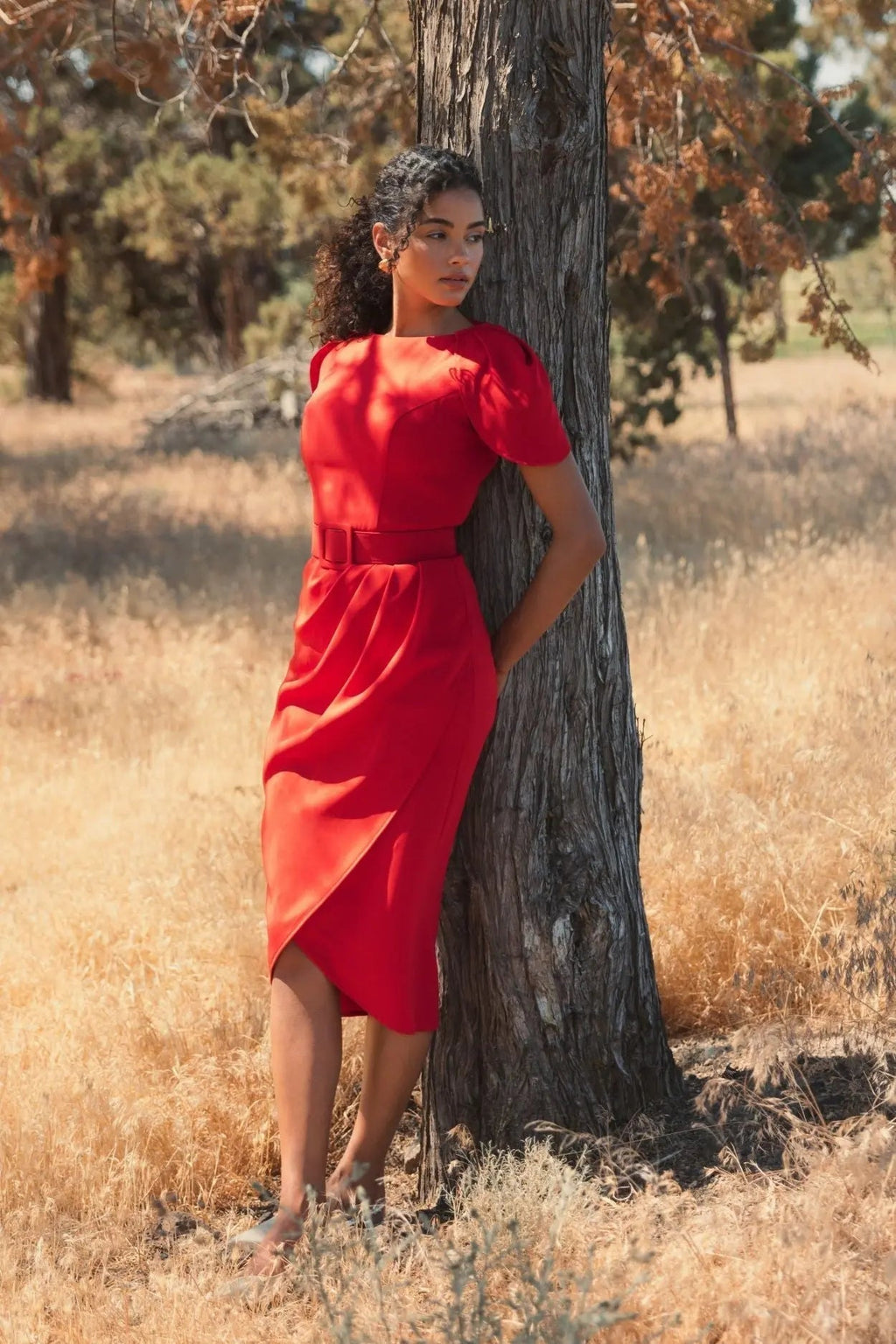 Women's Red Midi Dress - Belt Copy
