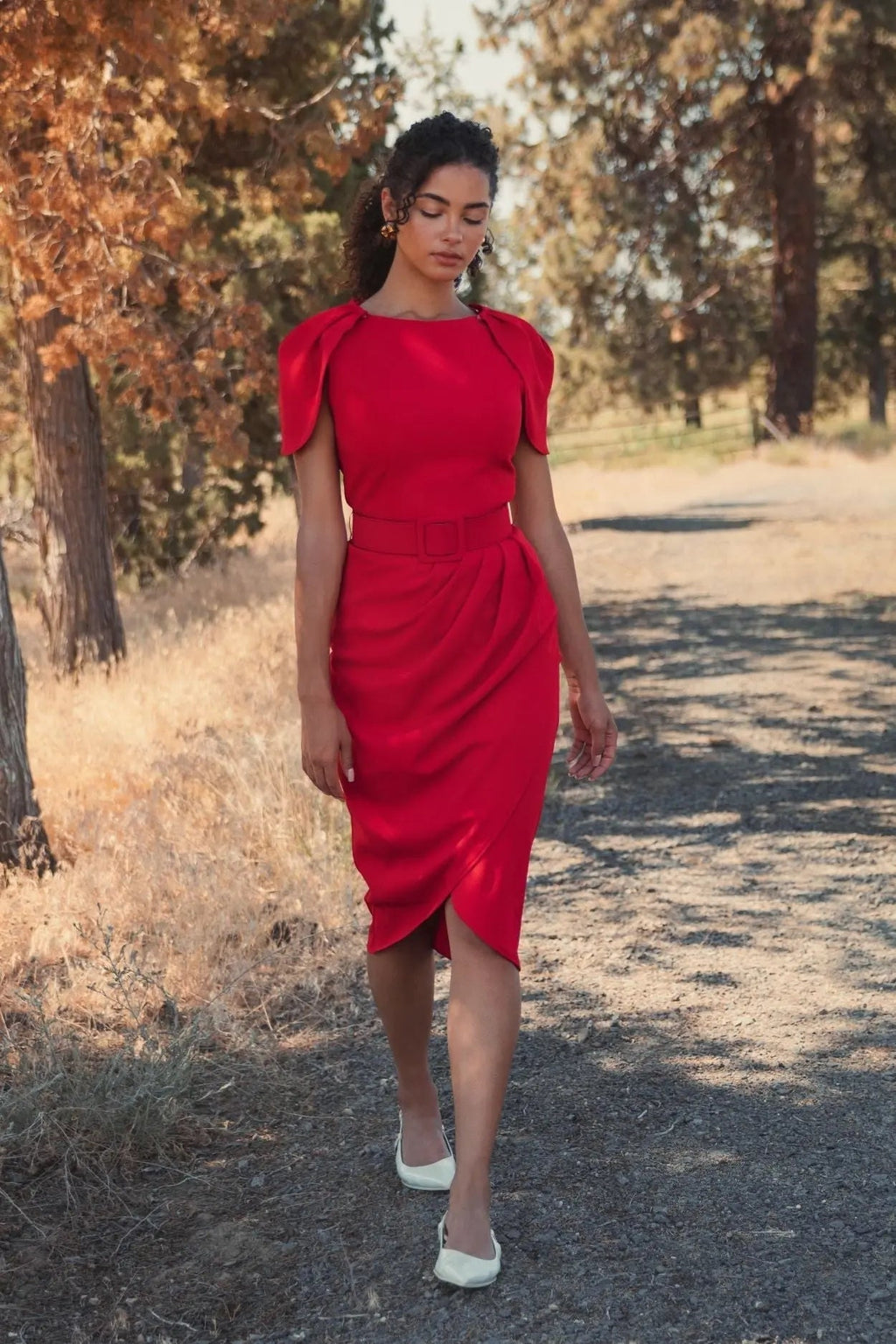 Women's Red Midi Dress - Belt Copy