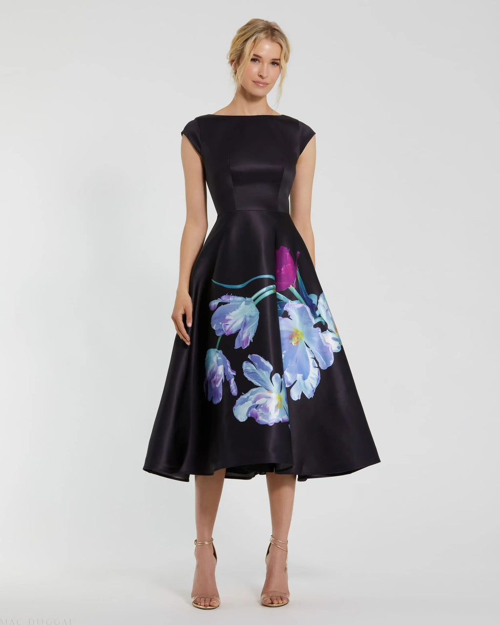 Women's Black Midi Dress Satin Floral
