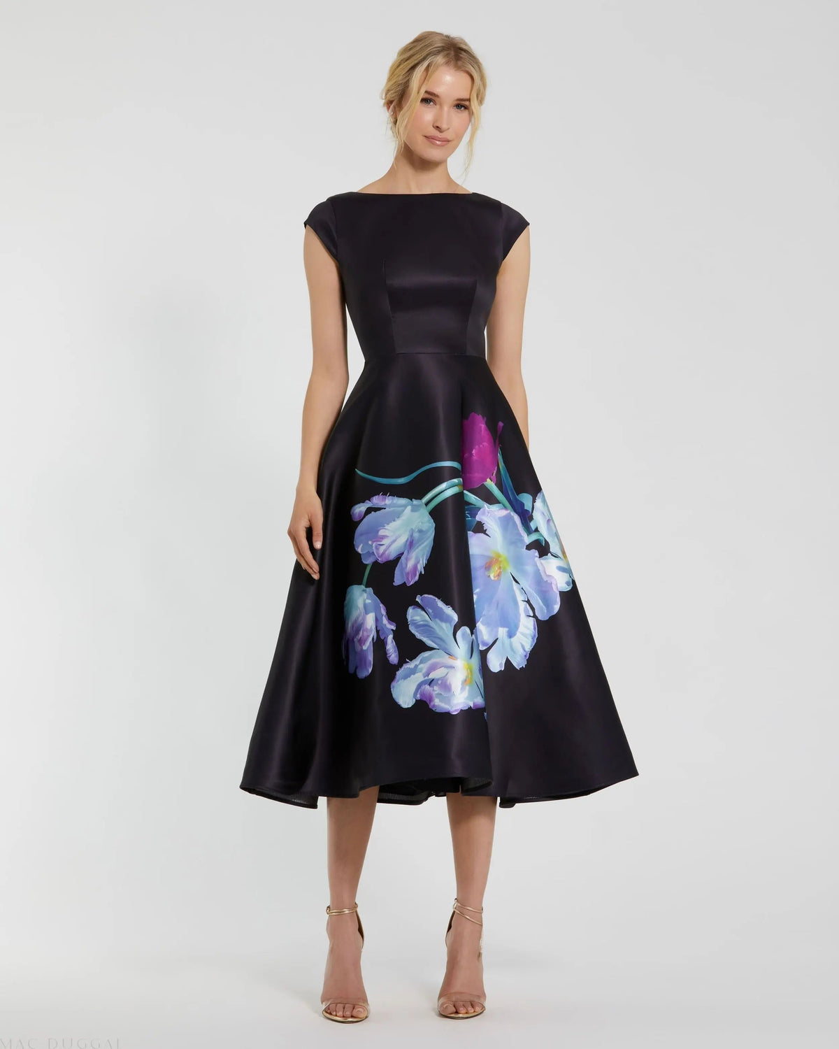 Women's Black Midi Dress Satin Floral
