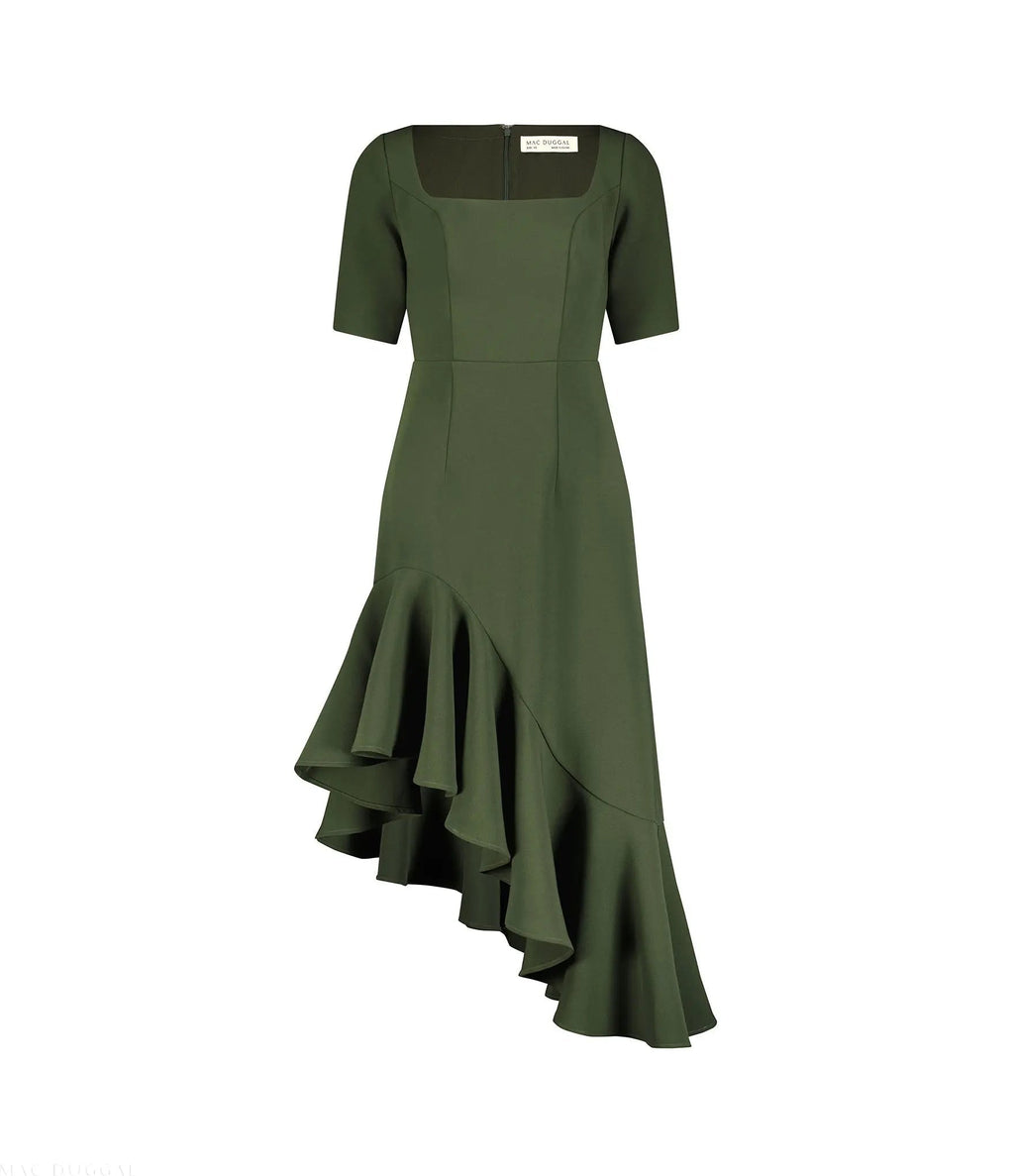 Women's Green Dress - Green Ruffle Asymmetrical