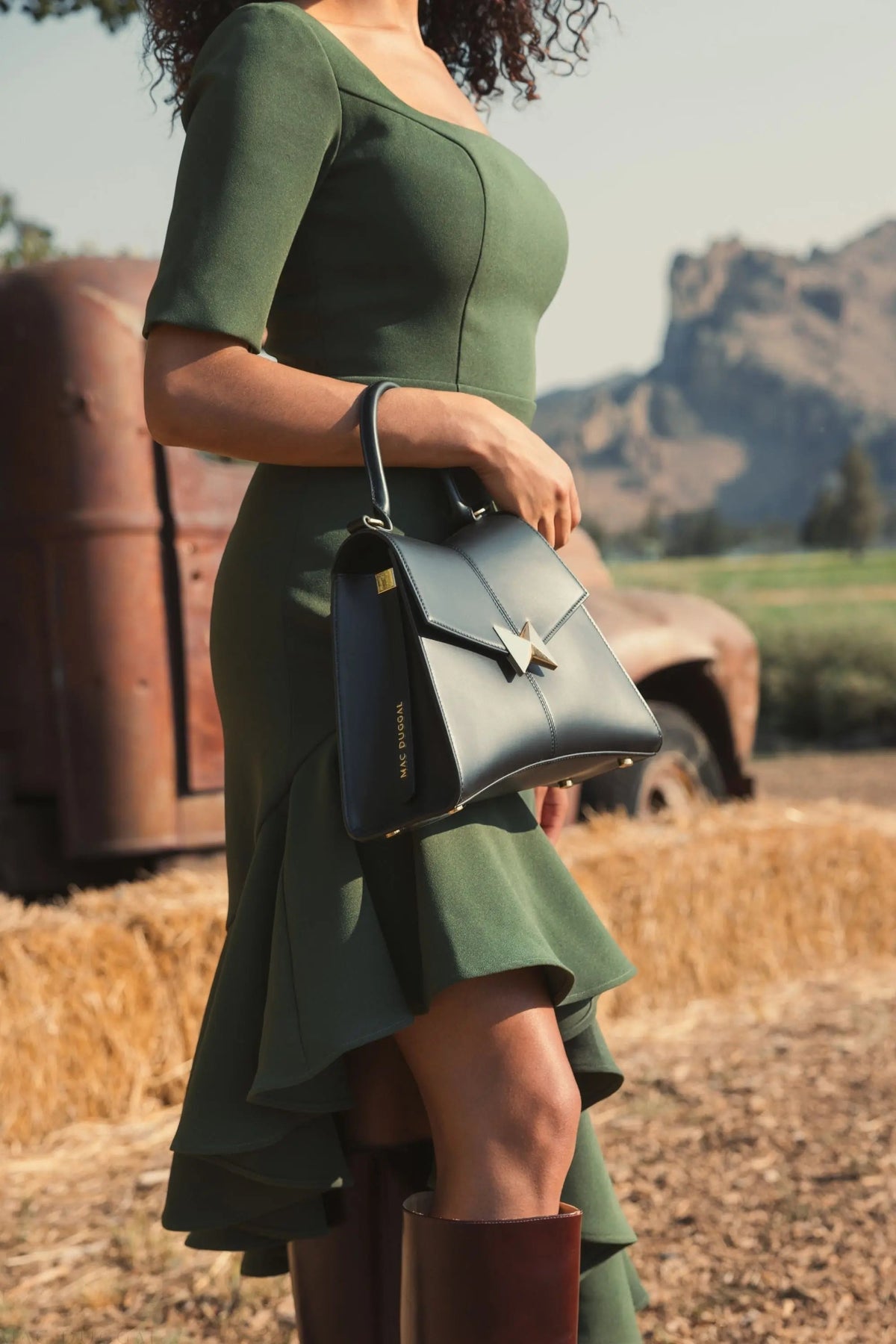 Women's Green Dress - Green Ruffle Asymmetrical