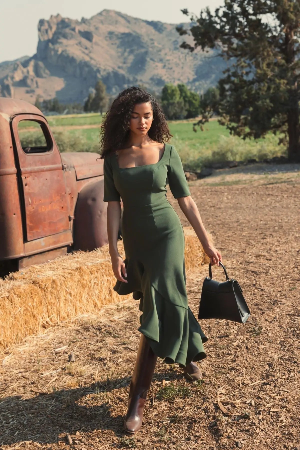 Women's Green Dress - Green Ruffle Asymmetrical