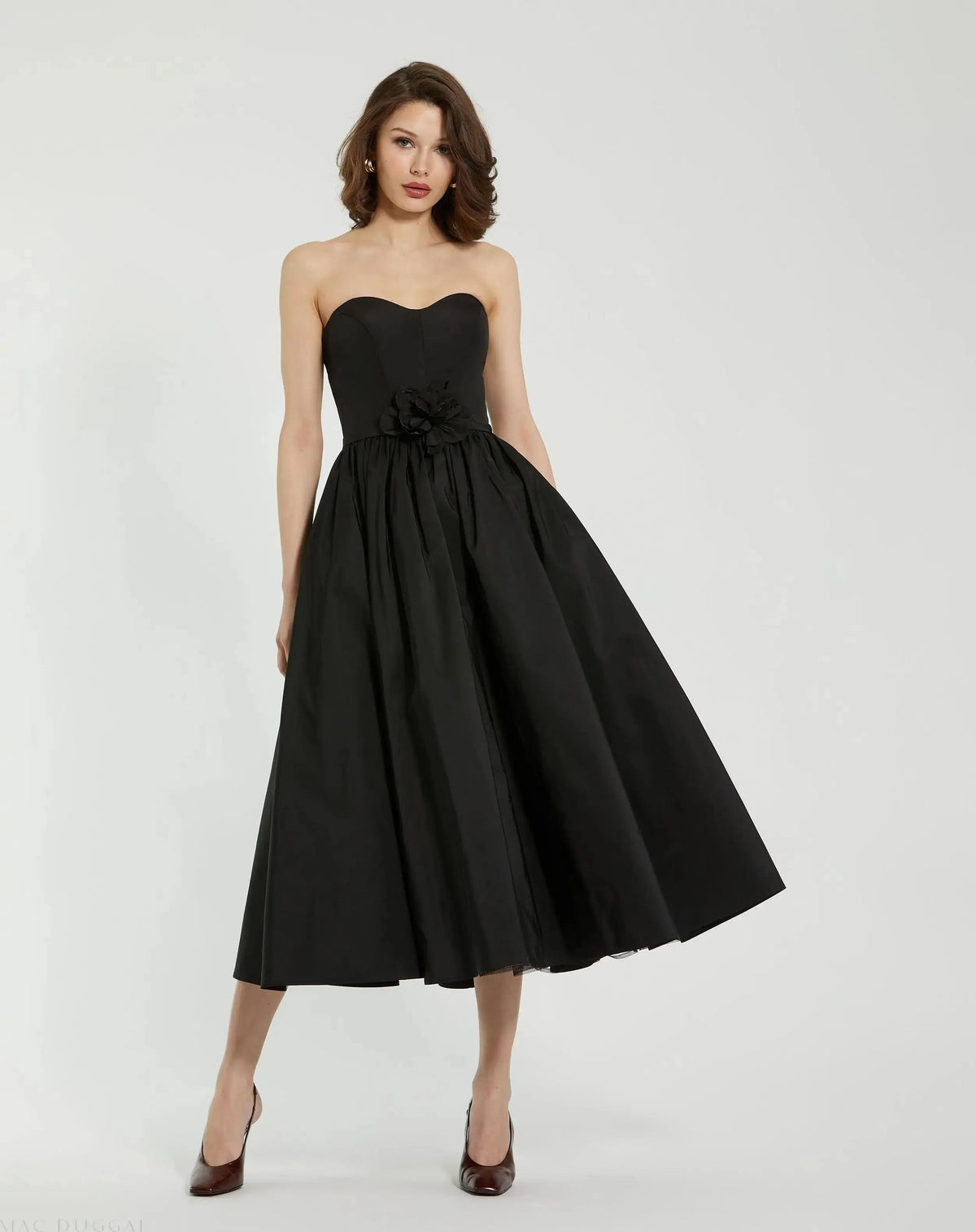 Women's Black Midi Dress Strapless - Black Floral