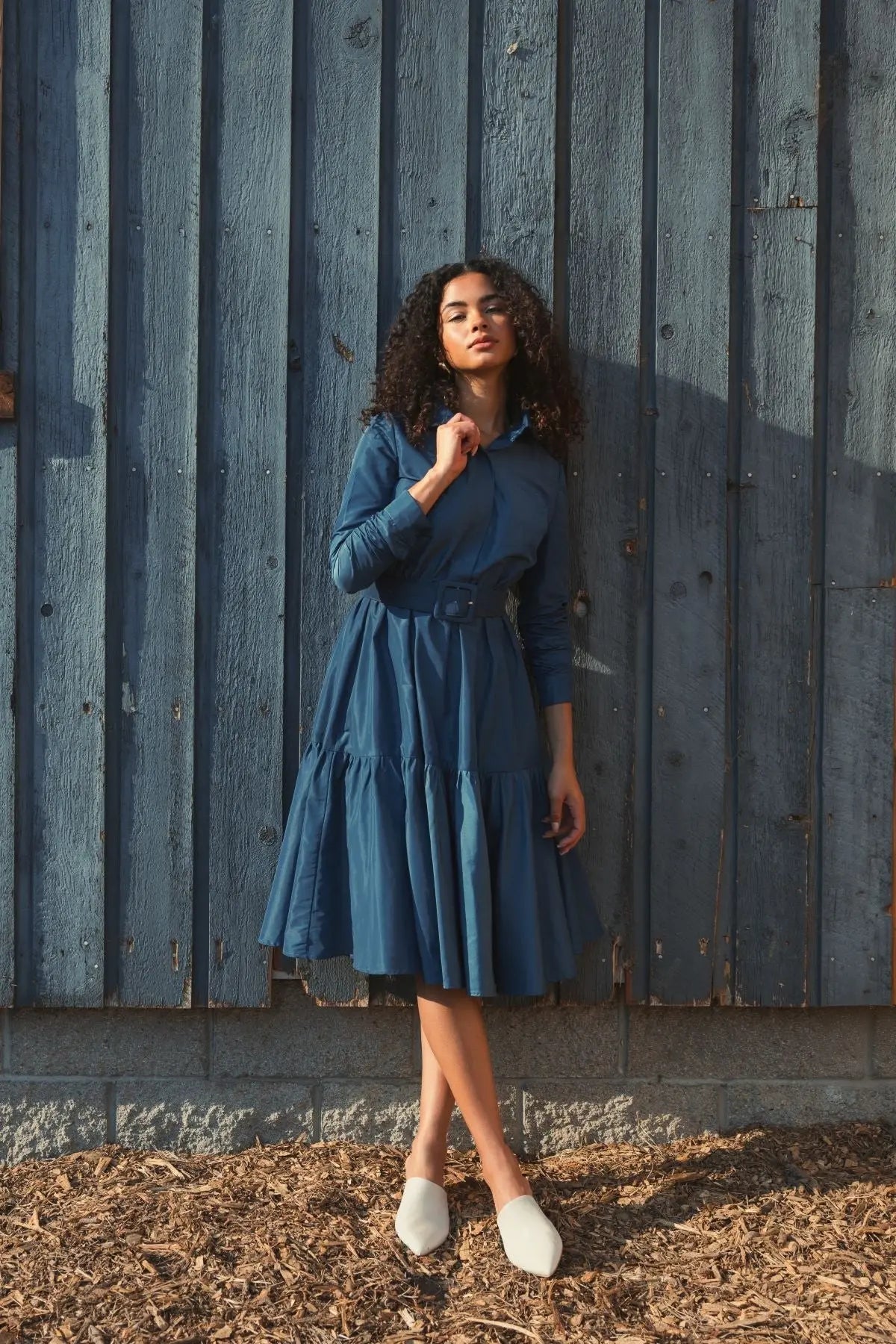 Women's Blue Midi Dress - Blue Ruffle