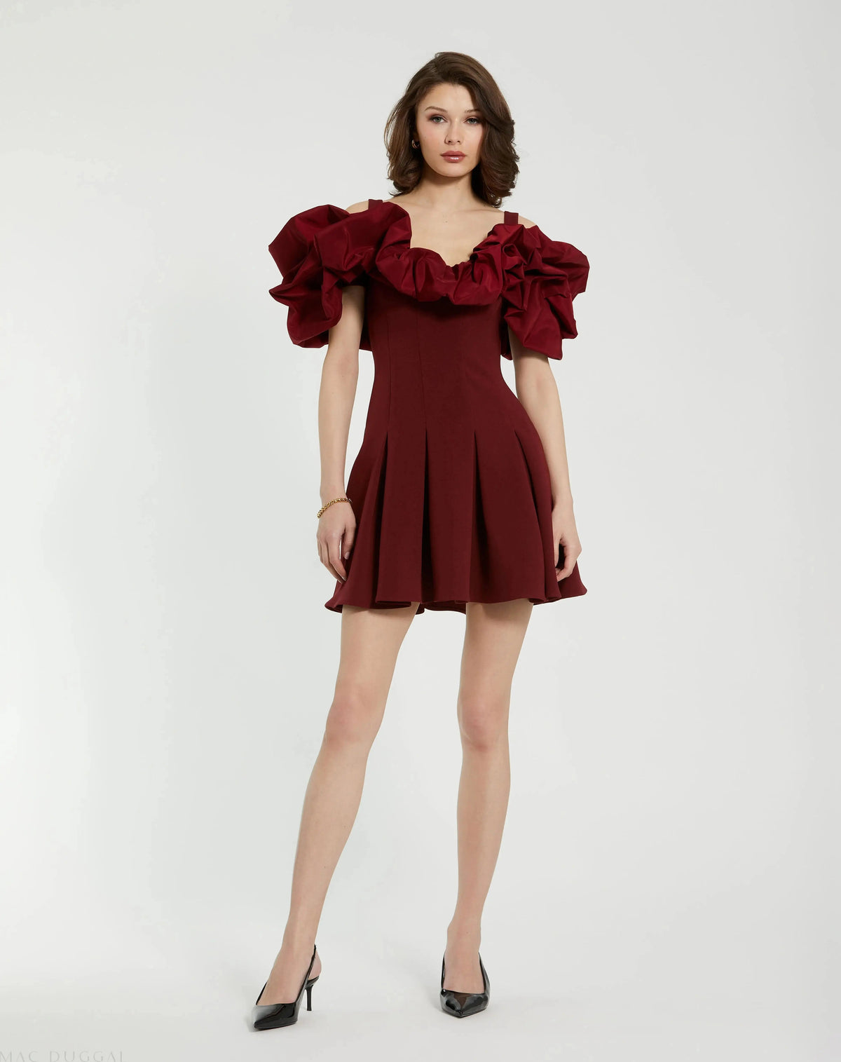 Women's Red Mini Dress - Red Lace Ruffle