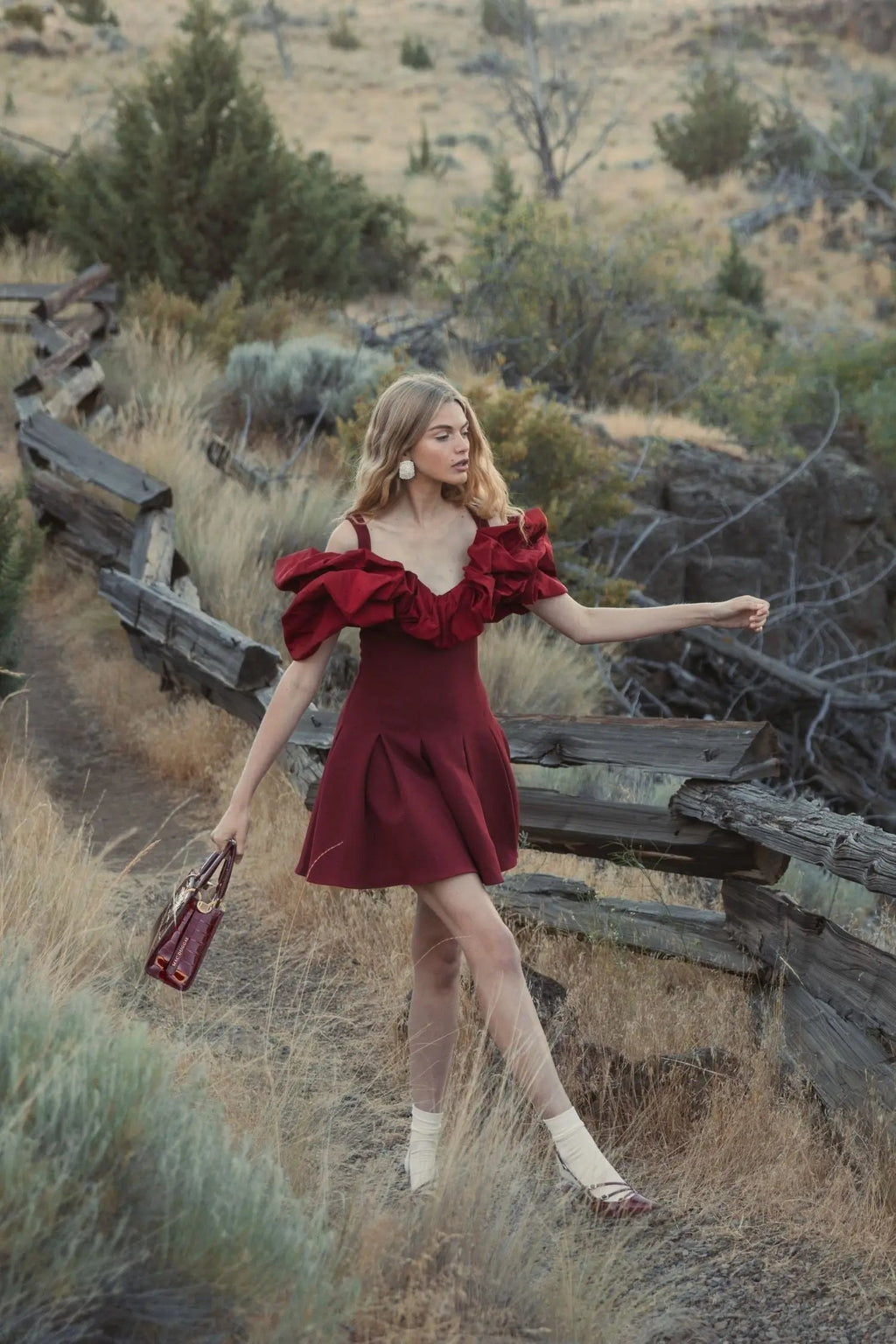 Women's Red Mini Dress - Red Lace Ruffle