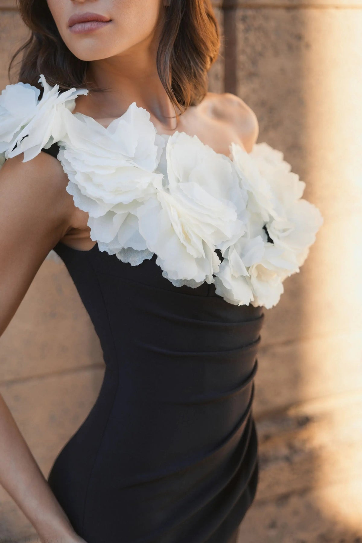 Women's Black Dress - Black One-Shoulder Pleated