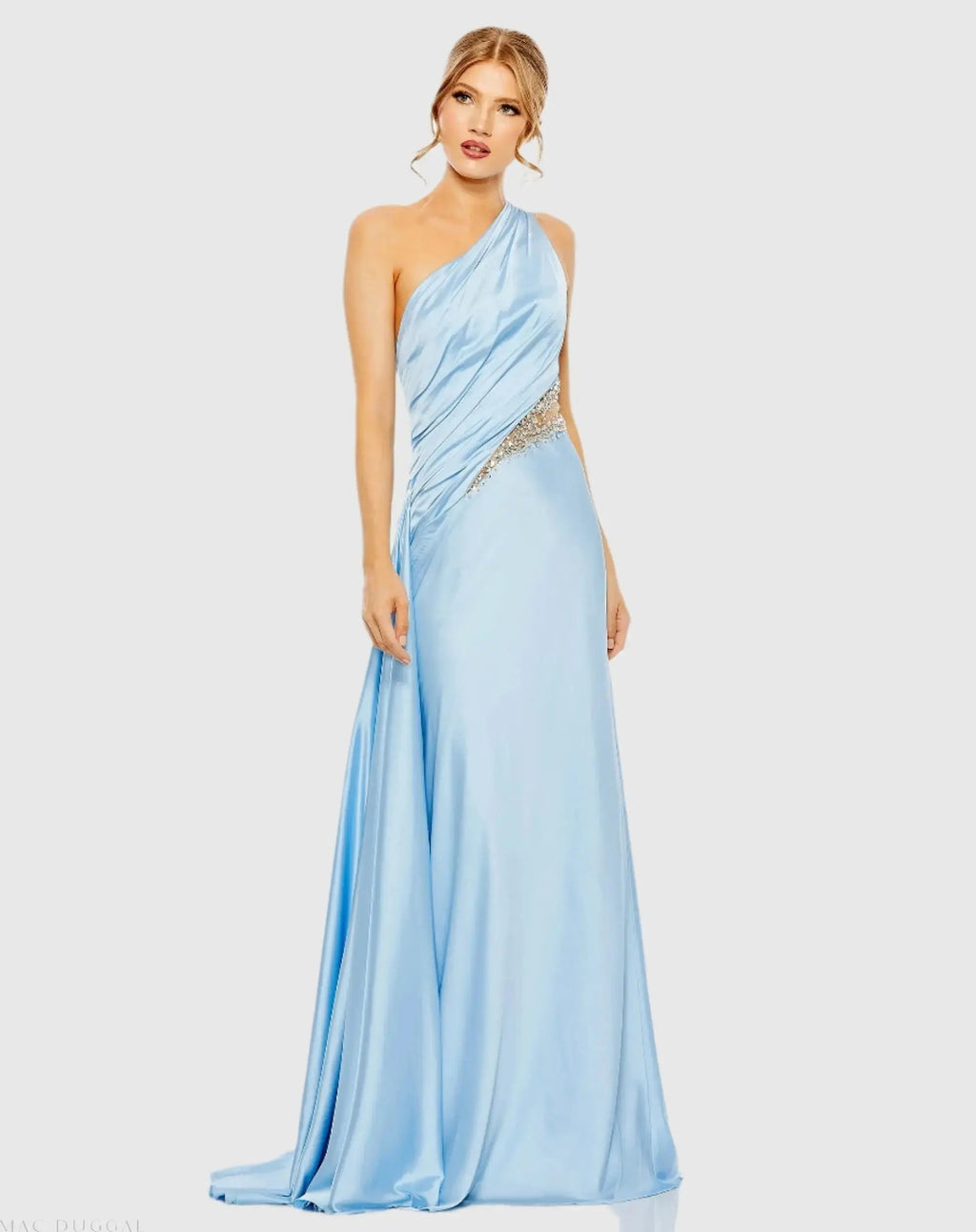 Women's Blue Dress One Shoulder - Blue Satin Ruched