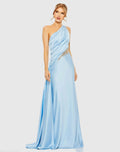 Women's Blue Dress One Shoulder - Blue Satin Ruched