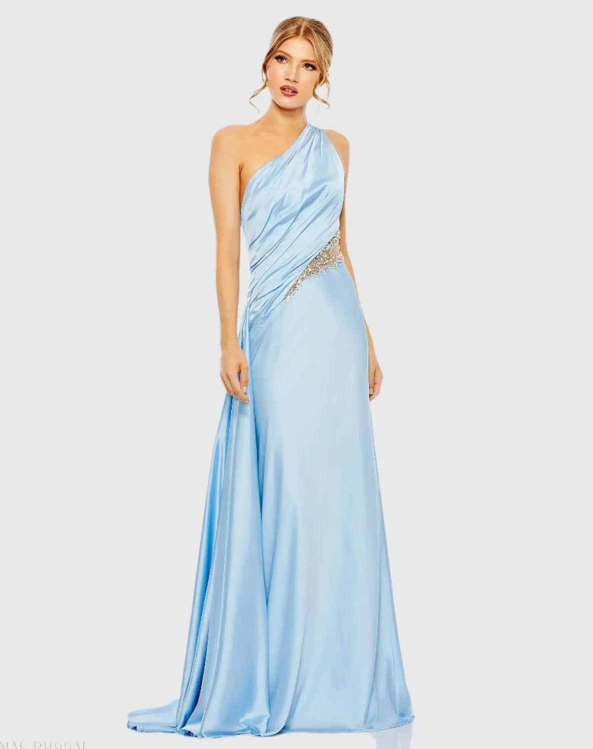 Women's Blue Dress One Shoulder - Blue Satin Ruched
