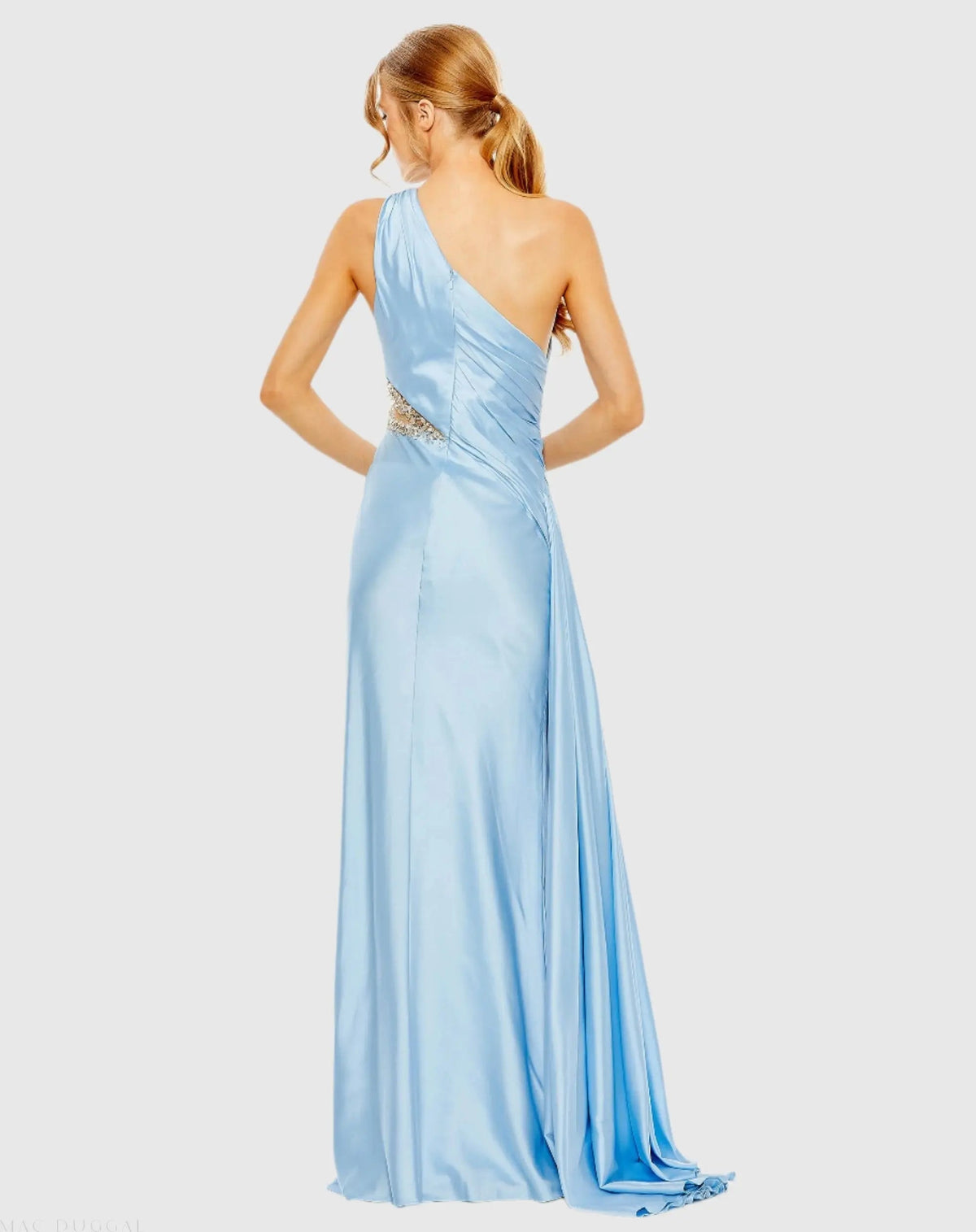 Women's Blue Dress One Shoulder - Blue Satin Ruched