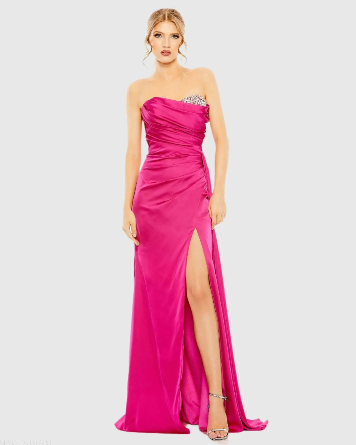 Women's Pink Dress Satin Strapless - Pink Ruched