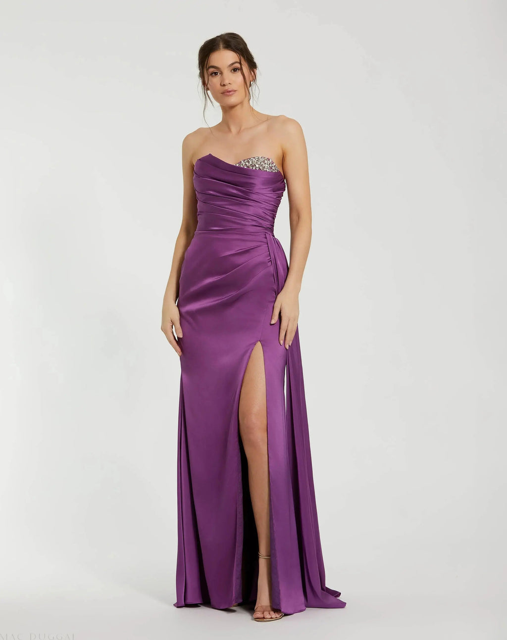 Women's Purple Dress Satin Strapless - Red Pleated
