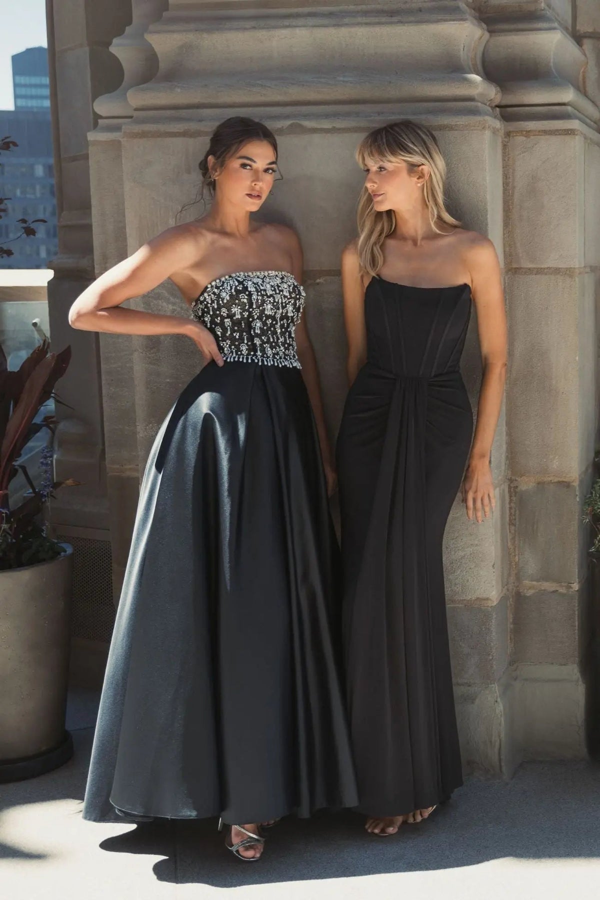 Women's Black Dress Satin Strapless - Black Pleated