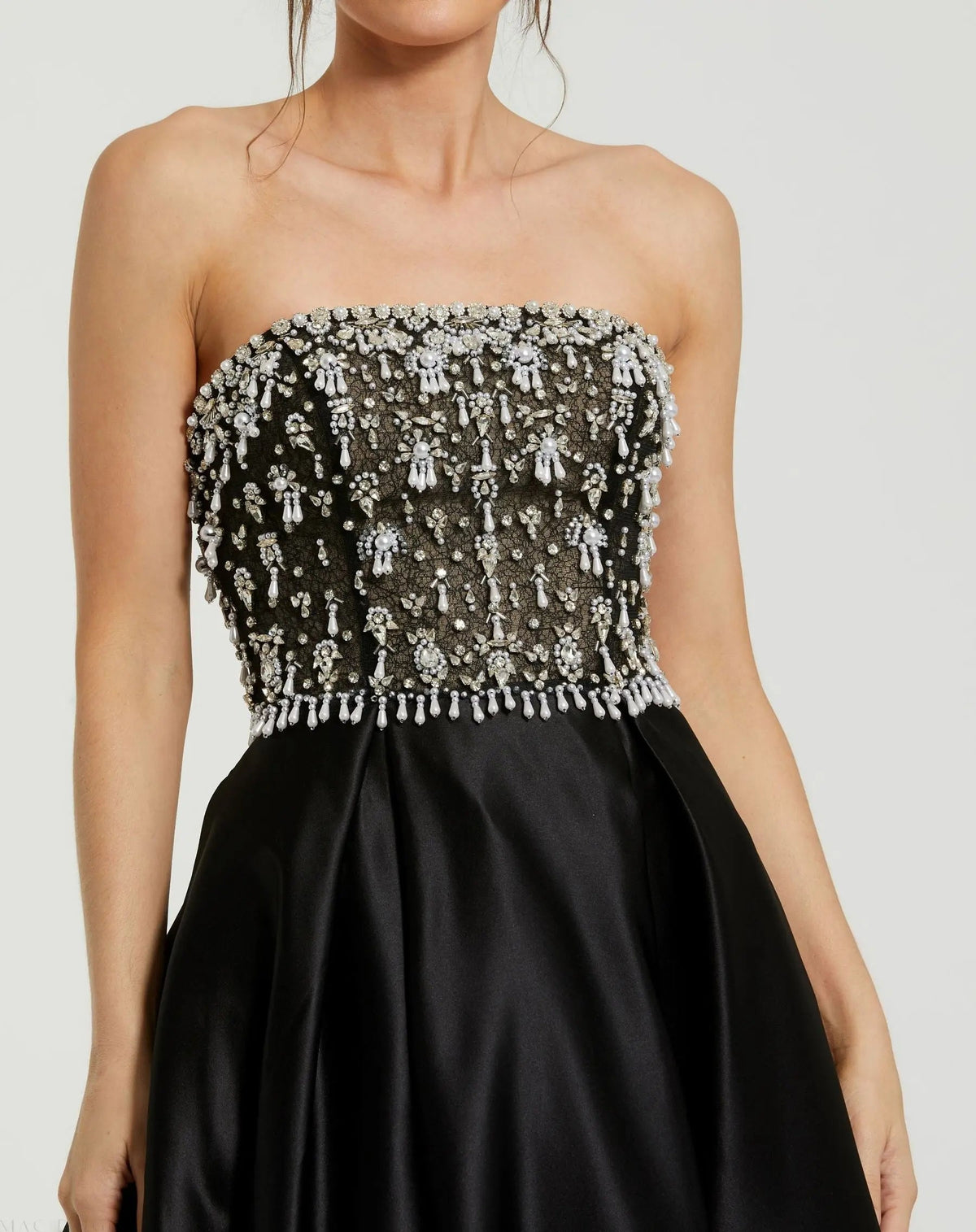 Women's Black Dress Satin Strapless - Black Pleated