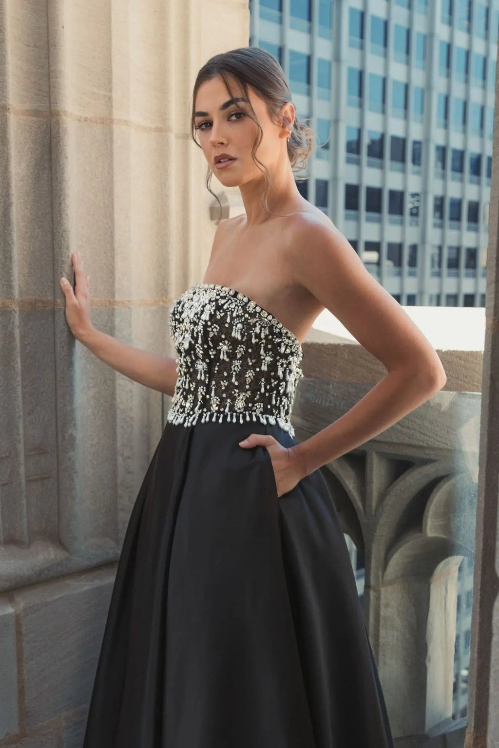 Women's Black Dress Satin Strapless - Black Pleated