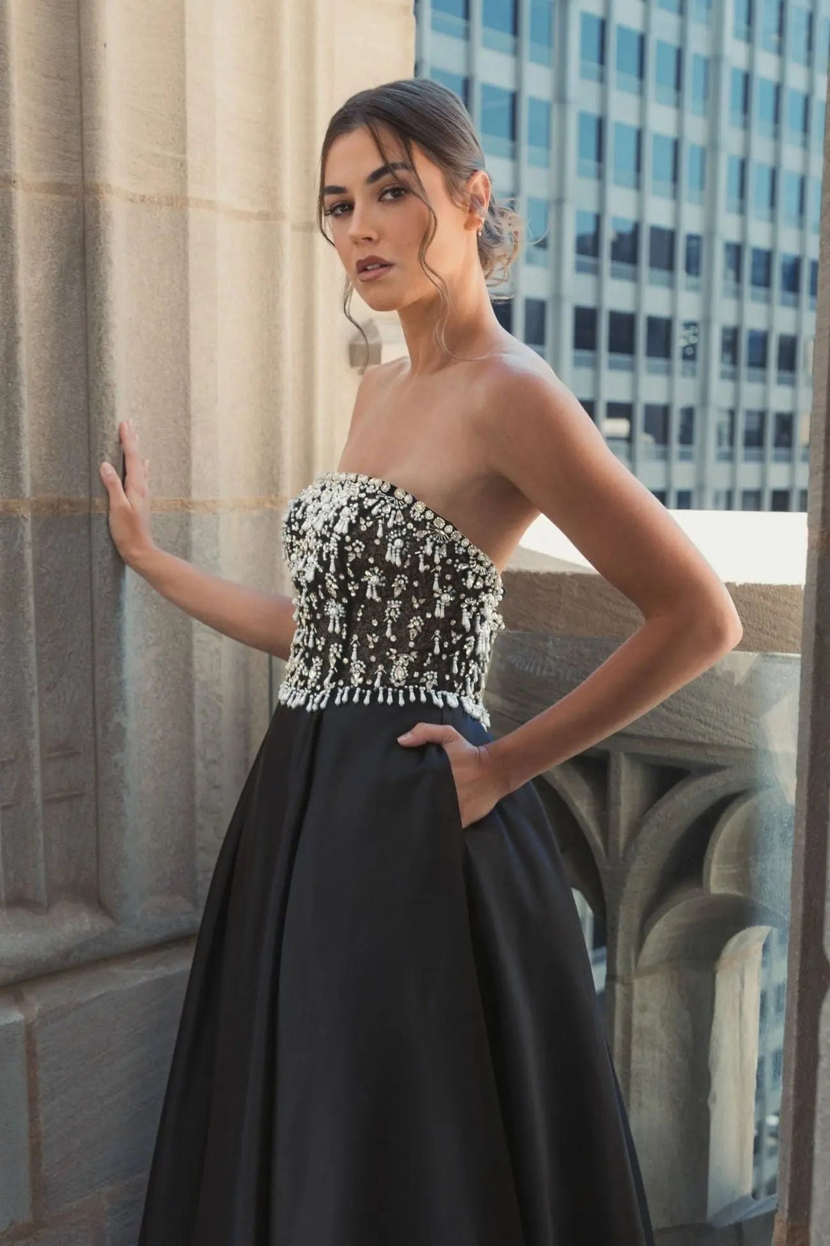 Women's Black Dress Satin Strapless - Black Pleated