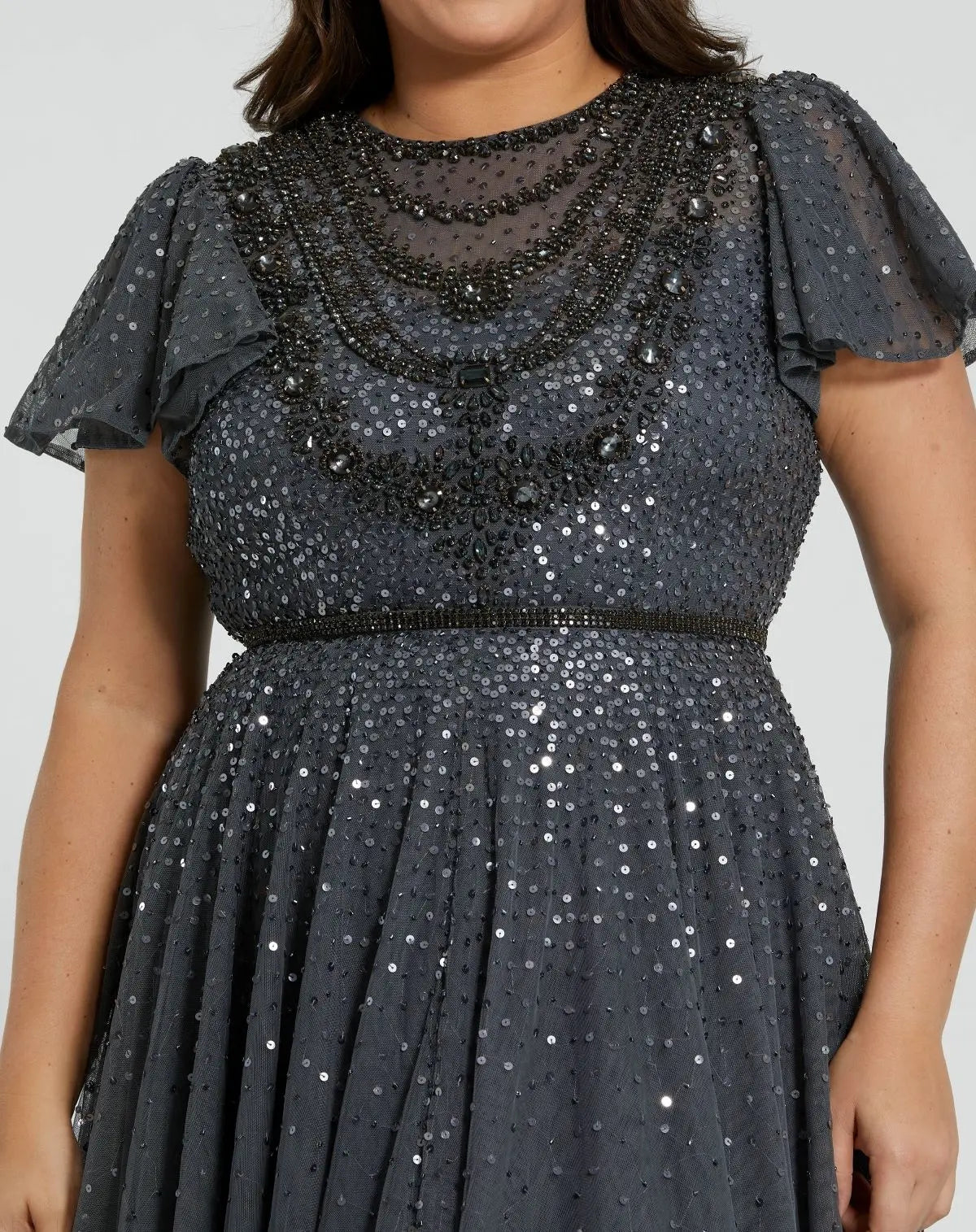 Women's Gray Evening Dress for Evening & Special Occasions - Black Sequin Mesh