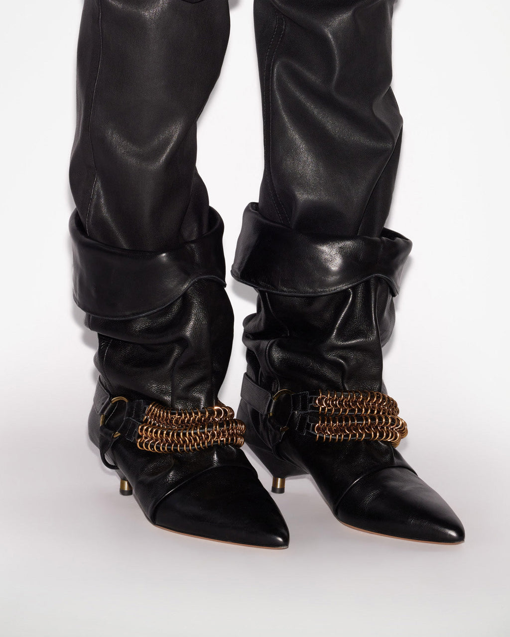 Chain-Embellished Slouchy Suede Boots
