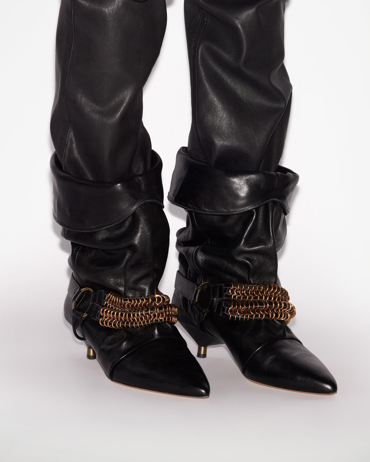 Chain-Embellished Slouchy Suede Boots
