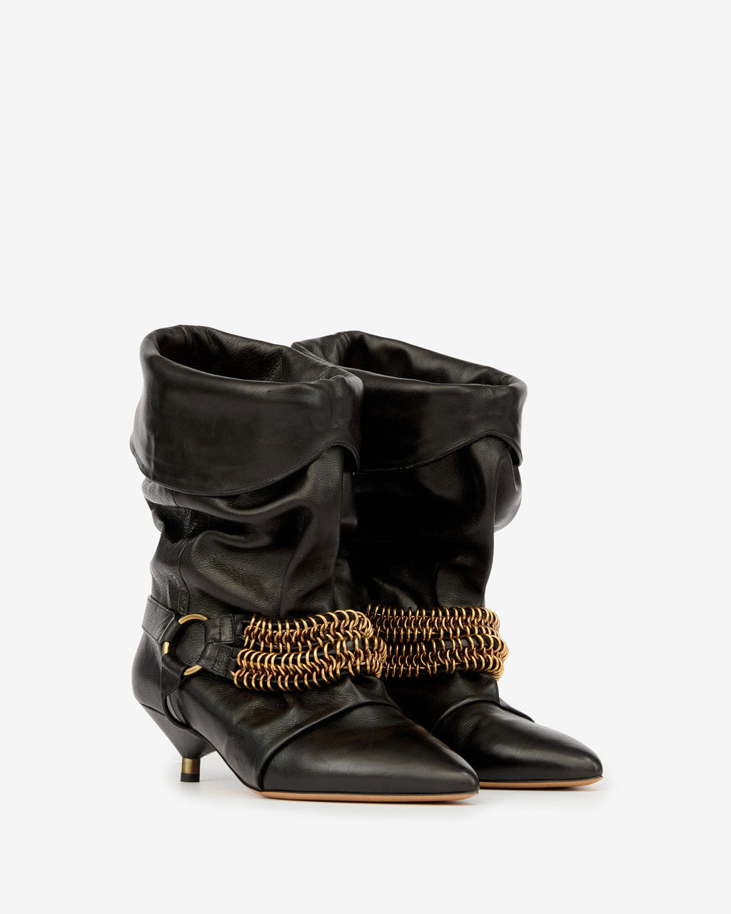 Chain-Embellished Slouchy Suede Boots