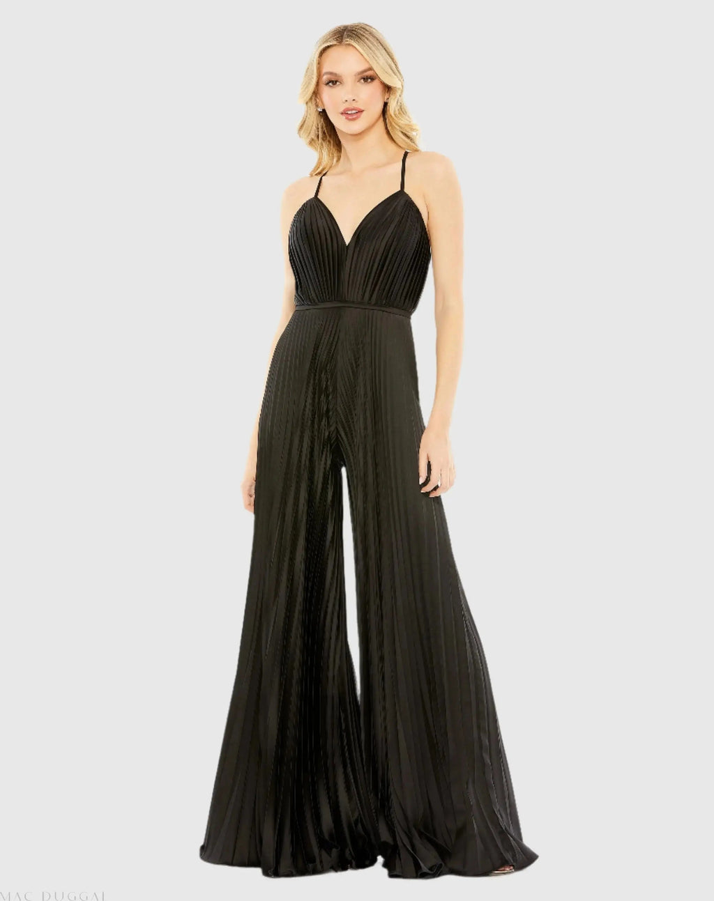 Women's Black Pleated Plunge Neck Wide Leg Jumpsuit