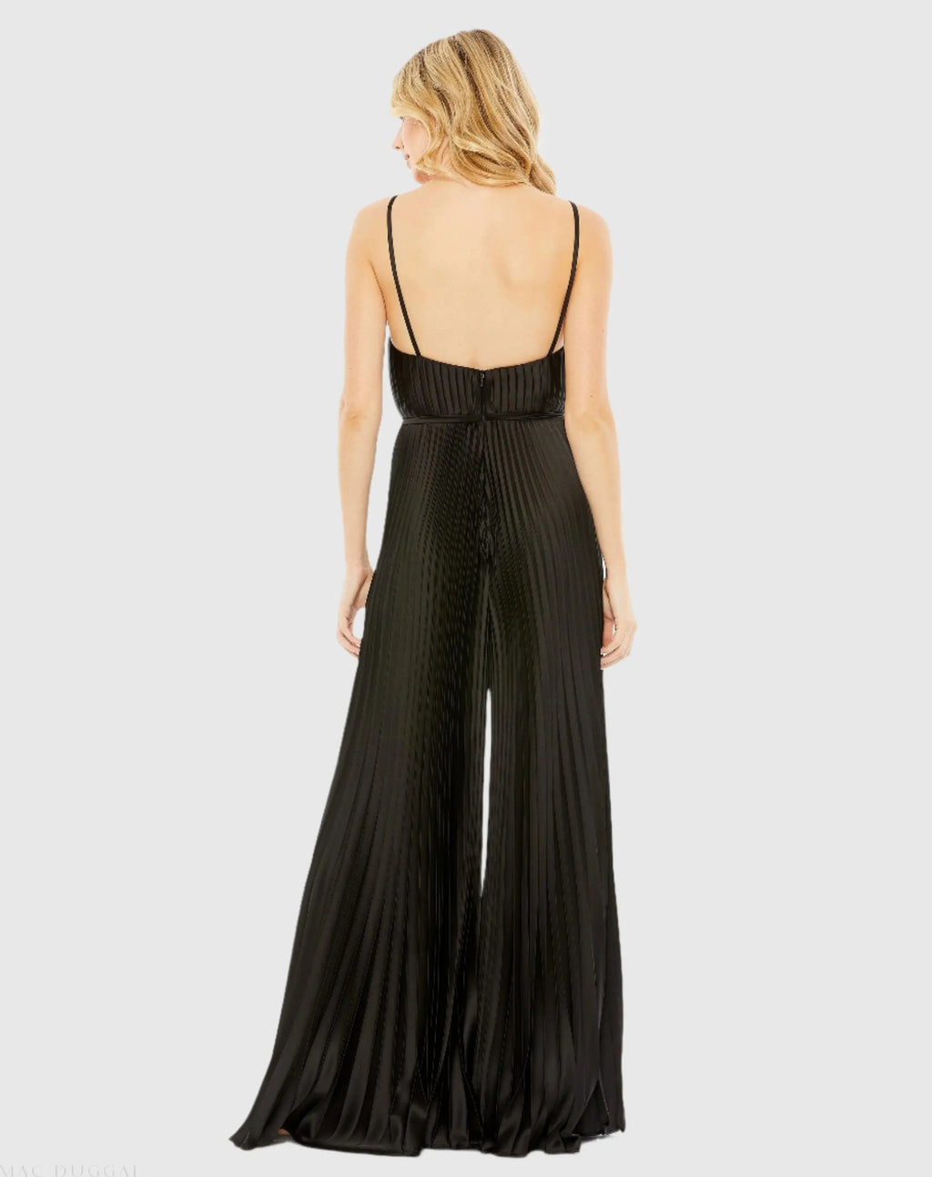Women's Black Pleated Plunge Neck Wide Leg Jumpsuit