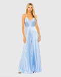 Women's Light Blue Pleated Plunge Neck Wide Leg Jumpsuit