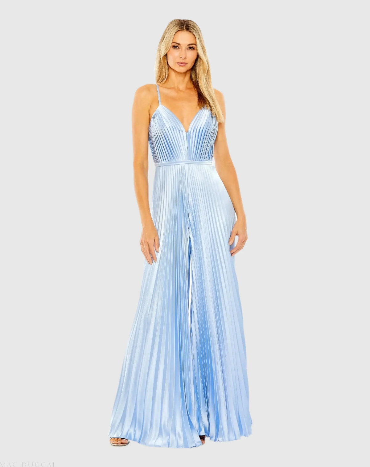 Women's Light Blue Pleated Plunge Neck Wide Leg Jumpsuit