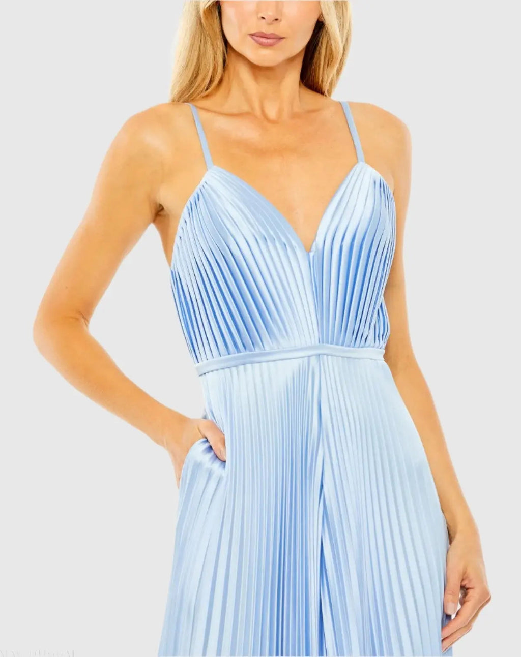 Women's Light Blue Pleated Plunge Neck Wide Leg Jumpsuit
