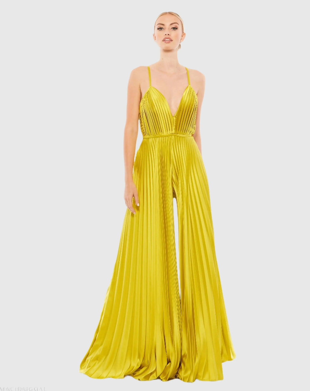 Women's Green Pleated Plunge Neck Wide Leg Jumpsuit