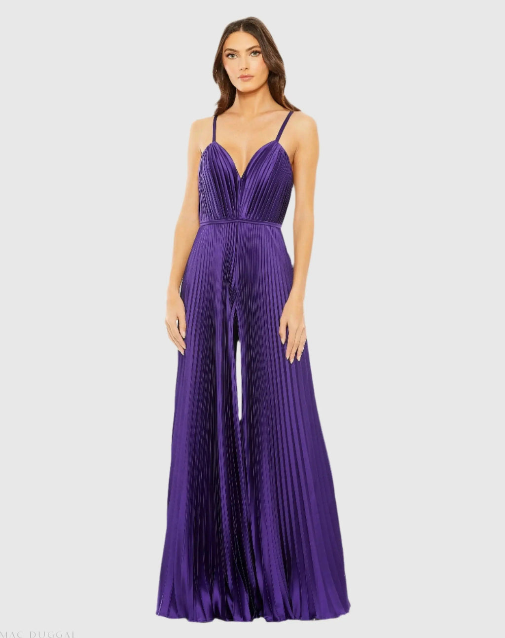 Women's Purple Pleated Plunge Neck Wide Leg Jumpsuit