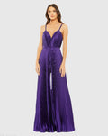 Women's Purple Pleated Plunge Neck Wide Leg Jumpsuit