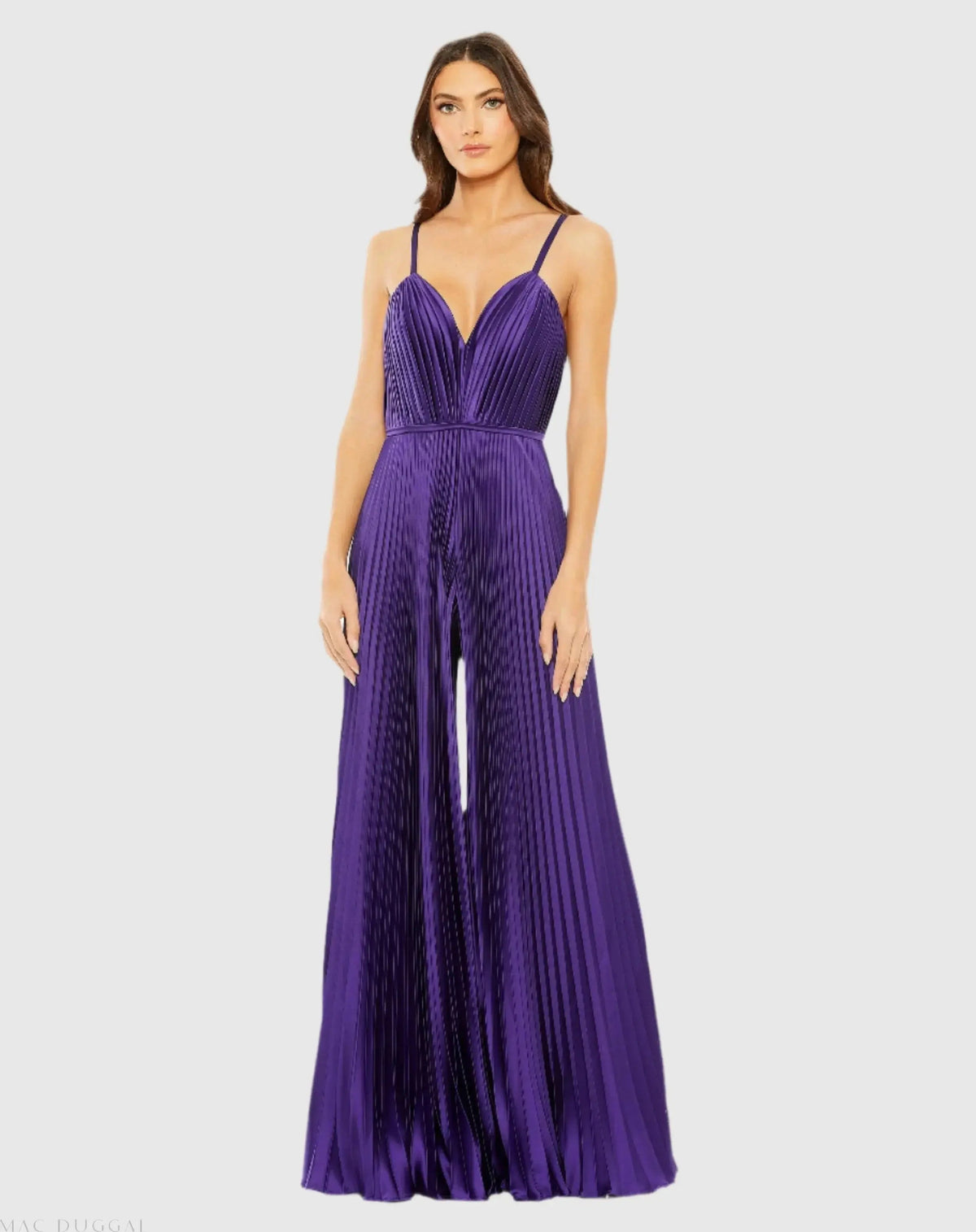 Women's Purple Pleated Plunge Neck Wide Leg Jumpsuit