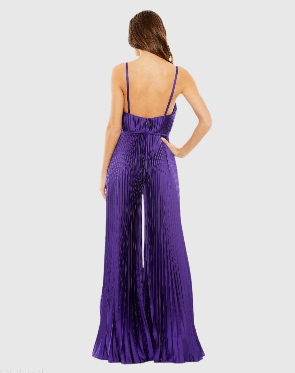 Women's Purple Pleated Plunge Neck Wide Leg Jumpsuit