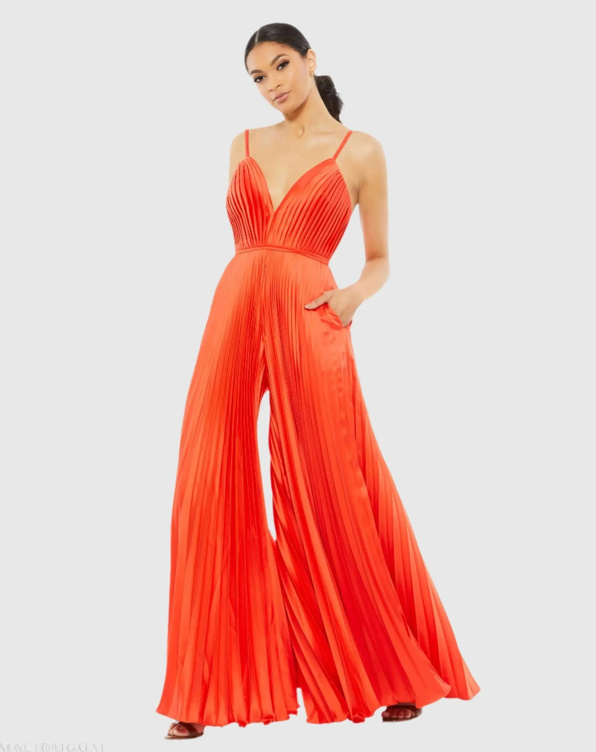 Women's Orange Pleated Plunge Neck Wide Leg Jumpsuit