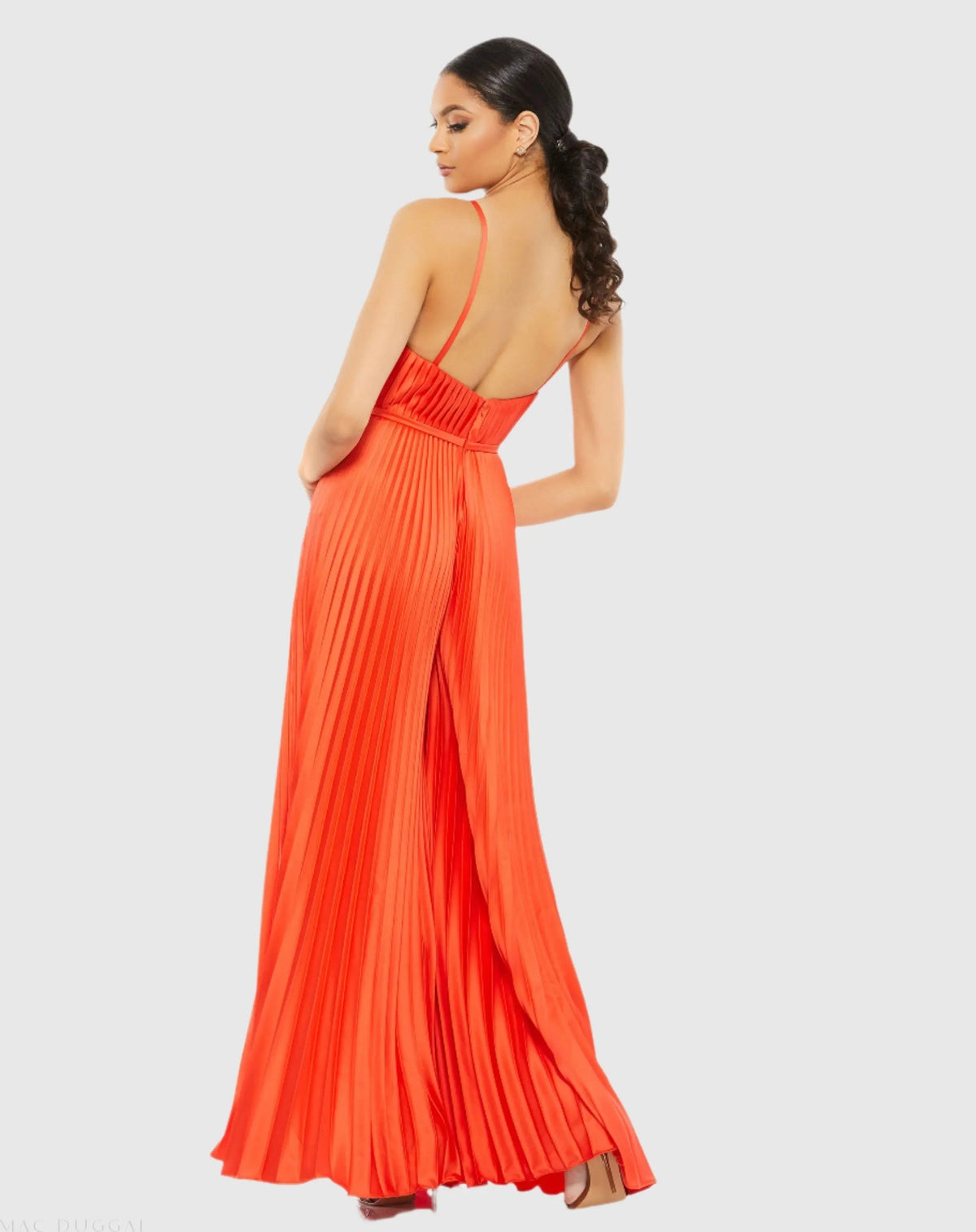 Women's Orange Pleated Plunge Neck Wide Leg Jumpsuit